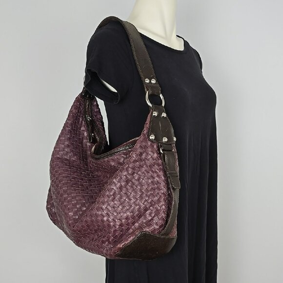 TANO Purple Black Woven Leather Large Shoulder Handbag Satchel Top Zip Closure - Picture 1 of 15
